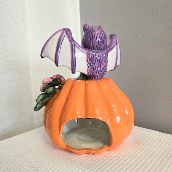 Vtg Halloween Pumpkin Bat Tealight Candle Holder Ceramic 2003 Read - Picture 5 of 12